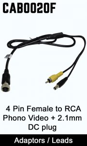 Adaptor cable to connect a 4 pin monitor to RCA phono video connector and a 2.1mm/5.5mm DC plug (power) | CAB0020F