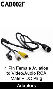 Adaptor cable to connect a 4 pin monitor to 2x RCA phono connectors (1 video 1 audio) and a 2.1mm/5.5mm DC plug (power) | CAB002F