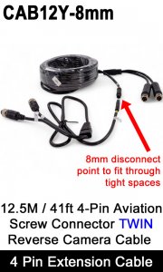 CAB12Y-8mm - Twin 4 Pin Extension Cable for two reversing / rear view cameras - 12.5M / 41FT with 8mm disconnect point for tight cable runs