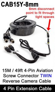 CAB15Y-8mm - Twin 4 Pin Extension Cable for two reversing / rear view cameras - 15M / 49FT with 8mm disconnect point for tight cable runs