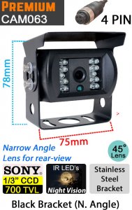 CAM063 - Black narrow angle bracket camera - Sony 1/3" 700TVL CCD sensor - 4 pin connector