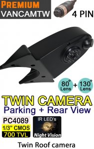 VANCAMTW - "shark-fin" "overhang" roof mount twin rear view + reversing camera - 4 pin connectors