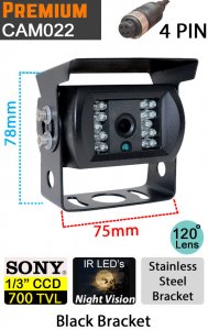 CAM022 - Black bracket reversing camera - Sony 1/3" 700TVL CCD sensor - 4 pin connector