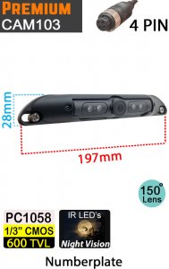CAM103 - "cigar-shaped" numberplate reversing camera - 1/3" 600TVL Premium CMOS sensor - 4 pin connector