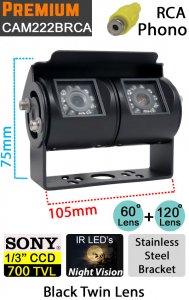 CAM222BRCA - Black twin lens bracket rear view + reversing camera - Sony 1/3" 700TVL CCD sensor - RCA/Phono Connectors