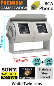 CAM222WRCA - White twin lens bracket rear view + reversing camera - Sony 1/3" 700TVL CCD sensor - RCA/Phono Connectors