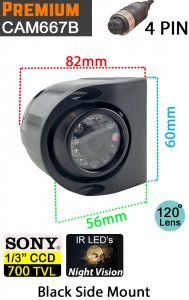 CAM667B - Black side view camera - 1/3" 700TVL Sony CCD sensor - 4 pin connector