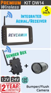DW14 - Wireless kit with 5" monitor with built-in aerial + flush/bumper reverse camera + sender box