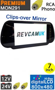 MON291 - 7" Mirror Monitor with 2x RCA inputs - Clips over interior mirror