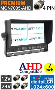 MON7005AHD - 7" Split Screen / Quad Monitor suitable for 720P / 960P / 1080P AHD Signal reversing / blind spot side cameras