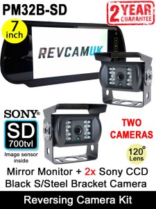 7" Mirror Monitor and Two Black Sony CCD Bracket Reversing/Agricultural/Horsebox Camera Kit | PM32B-SD