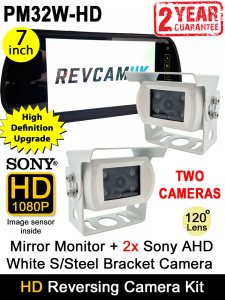 7" Mirror Monitor and Two White Sony AHD Bracket Reverse/Agricultural/Horsebox Camera Kit | PM32W-HD
