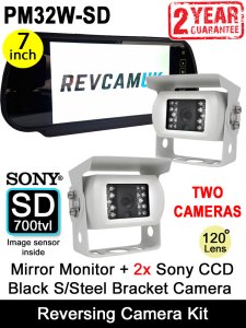 7" Mirror Monitor and Two White Sony AHD Bracket Reversing/Agricultural/Horsebox Camera Kit | PM32W-SD
