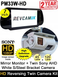 7" Mirror Monitor + White Bracket Sony AHD Twin View Reversing + Rear View Camera Kit | PM33W-HD