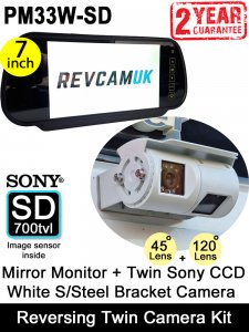 7" Mirror Monitor + White Bracket Sony CCD Twin View Reversing + Rear View Camera Kit | PM33W-SD