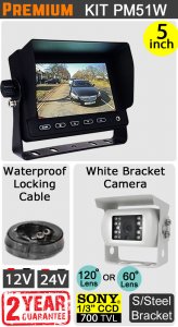 PM51W - Kit with 5" dash monitor + cable + white Sony CCD bracket reversing camera
