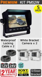 PM52W - Kit with 5" dash monitor + 2x cables + 2x white Sony CCD bracket reversing/general use camera