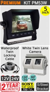 PM53W - Kit with 5" dash monitor + cable + Sony CCD twin white twin bracket reversing + rearview camera