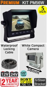 PM56W - Kit with 5" dash monitor + cable + Sony CCD compact white bracket reversing camera