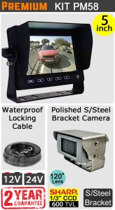 PM58 - Kit with 5" dash monitor + cable + Sharp CCD polished s/steel bracket reversing camera