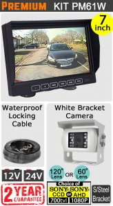 7" Slimline Monitor + White (Sony CCD or Sony AHD) bracket (reversing or rear view) Camera Kit | PM61W