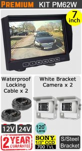 PM62W - Kit with 7" dash monitor + 2x cables + 2x white Sony CCD bracket reversing/general use camera