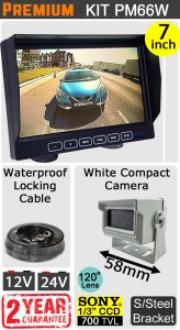 PM66W - Kit with 7" dash monitor + cable + Sony CCD compact white bracket reversing camera