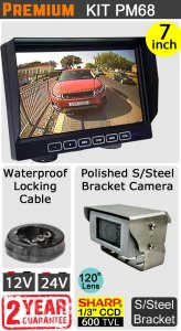 PM68 - Kit with 7" dash monitor + cable + Sharp CCD polished s/steel bracket reversing camera