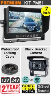 PM81 - Kit with 7" heavy-duty dash monitor + cable + black Sony CCD bracket reversing camera