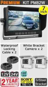 PM82W - Kit with 7" heavy-duty dash monitor + 2x cables + 2x white Sony CCD bracket reversing/general use camera