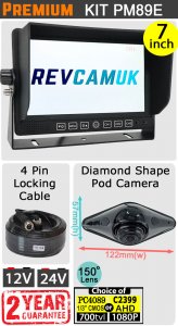 PM89E - Kit with 7" heavy-duty dash monitor + black diamond shape rear reverse camera kit