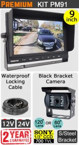 PM91 - Kit with 9" heavy-duty dash monitor + cable + black Sony CCD bracket reversing camera