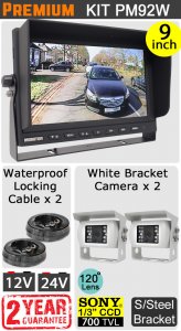 PM92W - Kit with 9" heavy-duty dash monitor + 2x cables + 2x white Sony CCD bracket reversing/general use camera