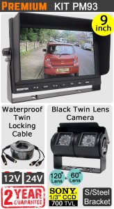 PM93 - Kit with 9" heavy-duty dash monitor + cable + Sony CCD twin black twin bracket reversing + rearview camera