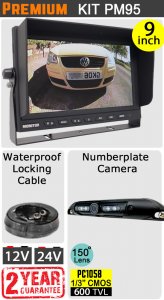 PM95 - Kit with 9" heavy-duty dash monitor + cable + hi-res numberplate reversing camera