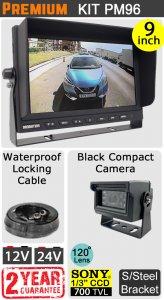 PM96 - Kit with 9" heavy-duty dash monitor + cable + Sony CCD compact black bracket reversing camera
