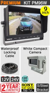 PM96W - Kit with 9" heavy-duty dash monitor + cable + Sony CCD compact white bracket reversing camera