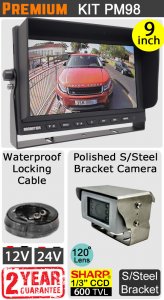 PM98 - Kit with 9" heavy-duty dash monitor + cable + Sharp CCD polished s/steel bracket reversing camera